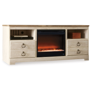 Willowton - 64## TV Stand With Glass/Stone Fireplace Insert - Whitewash