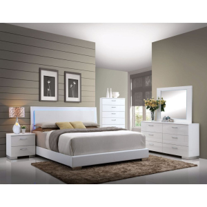 Lorimar - Queen Bed With LED - White Synthetic Leather & White Leg