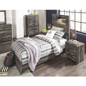 Drystan - 5 Pc. - Dresser, Mirror, Twin Panel Bed - Brown / Beige
