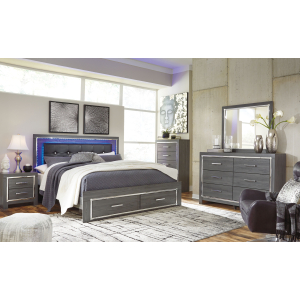 Lodanna - 8 Pc. - Dresser, Mirror, Chest, King Panel Bed with 2 Storage Drawers, 2 Nightstands - Gray