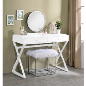 Adao - Vanity Mirror & Stool - Faux Fur, Mirror, White & Chrome