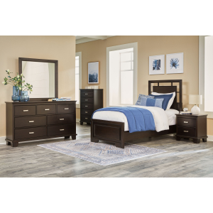 Covetown - 7 Pc. - Dresser, Mirror, Chest, Twin Panel Bed, 2 Nightstands - Dark Brown