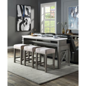 Wandella - 4 Piece Counter Height Table Set With USB - Beige Fabric, Marble Top & Weathered Gray