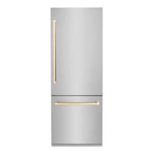 ZLINE 30” Autograph Edition 16.1 cu. ft. Built-in 2-Door Bottom Freezer Refrigerator with Internal Water and Ice Dispenser in Stainless Steel with Gold Accents