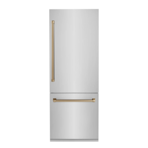 ZLINE 30” Autograph Edition 16.1 cu. ft. Built-in 2-Door Bottom Freezer Refrigerator with Internal Water and Ice Dispenser in Stainless Steel with Champagne Bronze Accents