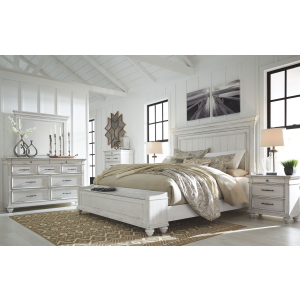 Kanwyn - 5 Pc. - Dresser, Mirror, California King Panel Bed with Storage Bench - Whitewash