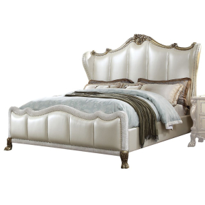 Dresden II - Eastern King Bed - Pearl White Synthetic Leather & Gold Patina