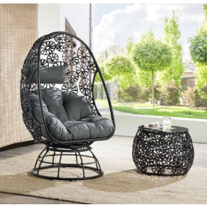 Hikre - Patio Lounge Chair & Side Table - Clear Glass, Charcoal Fabric & Black Wicker