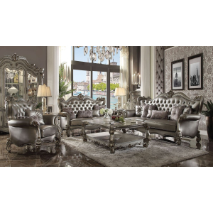 Versailles - Sofa With 6 Pillows - Silver Synthetic Leather & Antique Platinum