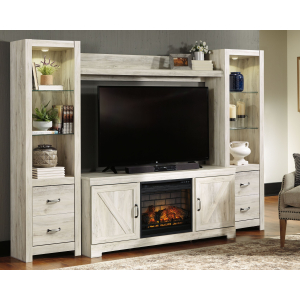 Bellaby - Entertainment Center - TV Stand With Faux Firebrick Fireplace Insert - Whitewash