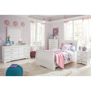 Anarasia - 6 Pc. - Dresser, Mirror, Twin Sleigh Bed, Nightstand - White