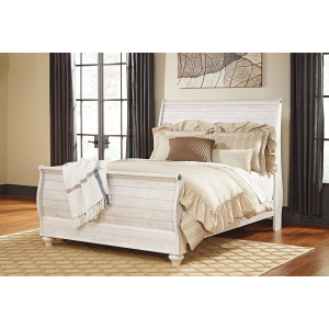 Willowton - Queen Sleigh Bed with Faux Plank Design - Whitewash