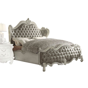 Versailles - Eastern King Bed - Vintage Gray Synthetic Leather & Bone White