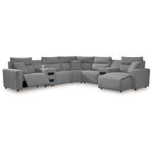 Modmax II - 7-Piece Power Reclining Sectional With RAF Press Back Power Chaise And Audio Consoles - Salt And Pepper