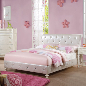 Dorothy - Full Bed - Pearl White Synthetic Leather & Ivory