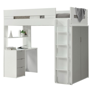 Nerice - Twin Loft Bed With Desk & Wardrobe - White & Gray