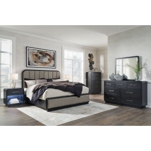 Rowanbeck - 4 Pc. - Dresser, Mirror, California King Upholstered Panel Bed - Gray / Black