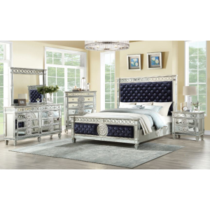 Varian - Queen Bed - Dark Navy Blue Velvet & Mirrored