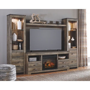 Trinell - 5 Pc. - Entertainment Center - 63## TV Stand with Faux Firebrick Fireplace Insert - Brown