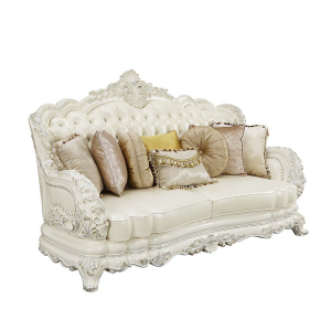 Adara - Sofa With 7 Pillows - Pearl White Synthetic Leather & Antique White