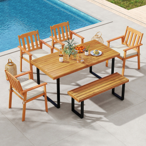 6 Pieces Patio Dining Table Set 63â€ Rectangle Table with 4 Acacia Wood Armchairs and Backless Bench