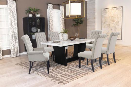Sherry 7-piece Rectangular Marble Top Dining Set Sand and White