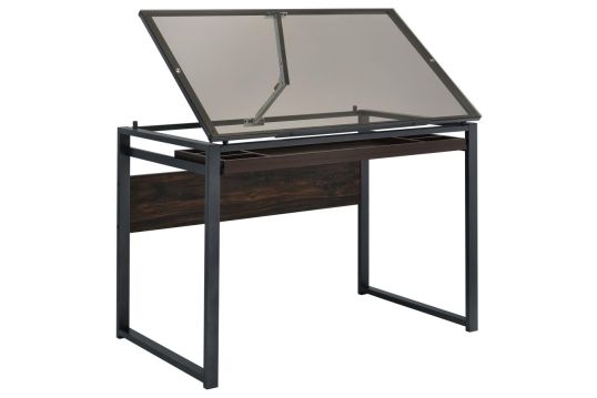 Pantano Glass Top Drafting Desk Dark Gunmetal and Chestnut