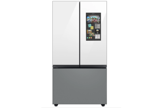 Bespoke 3-Door French Door Refrigerator (30 cu. ft.) – with Top Left and Family Hub Panel in White Glass - and Matte Grey Glass Bottom Door Panel